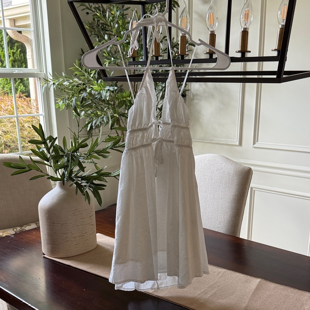 Hello Molly FLOATING FREE HALTER LINEN BLEND MINI DRESS WHITE